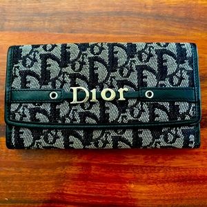 CHRISTIAN DIOR LONG WALLET Trotter Navy Canvas Leather